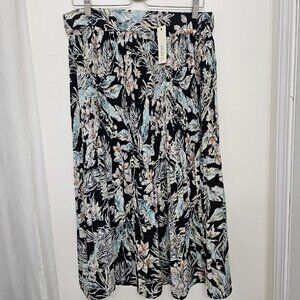 New Status by Chenault Black Floral Micro Pleat Midi Summer Skirt Size XL